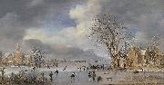 Aert van der Neer A winter landscape with skaters and kolf players on a frozen river USA oil painting artist